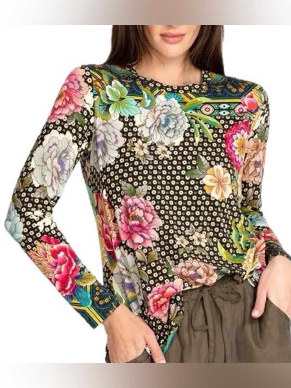 Johnny Was Fagan Favorite Floral Long Sleeve Black & Red Size Extra Small